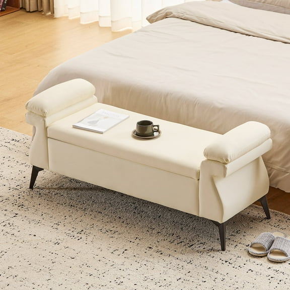 Furniliving Modern Storage Bench with Armrest, Upholstered End of Bed Bench with Metal Legs, Comfy Entryway Bedroom Bench, Flipping Lid Storage Ottoman for Living Room, Bedroom, Entryway. Beige