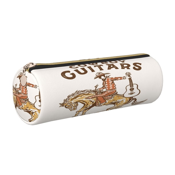 Easygdp Cowboy Rodeo Guitar para Estuche de Lápices Cilíndrico de Cuero con Cremallera, Organizador de Lápices de Cuero para Escuela, Oficina y Viajes