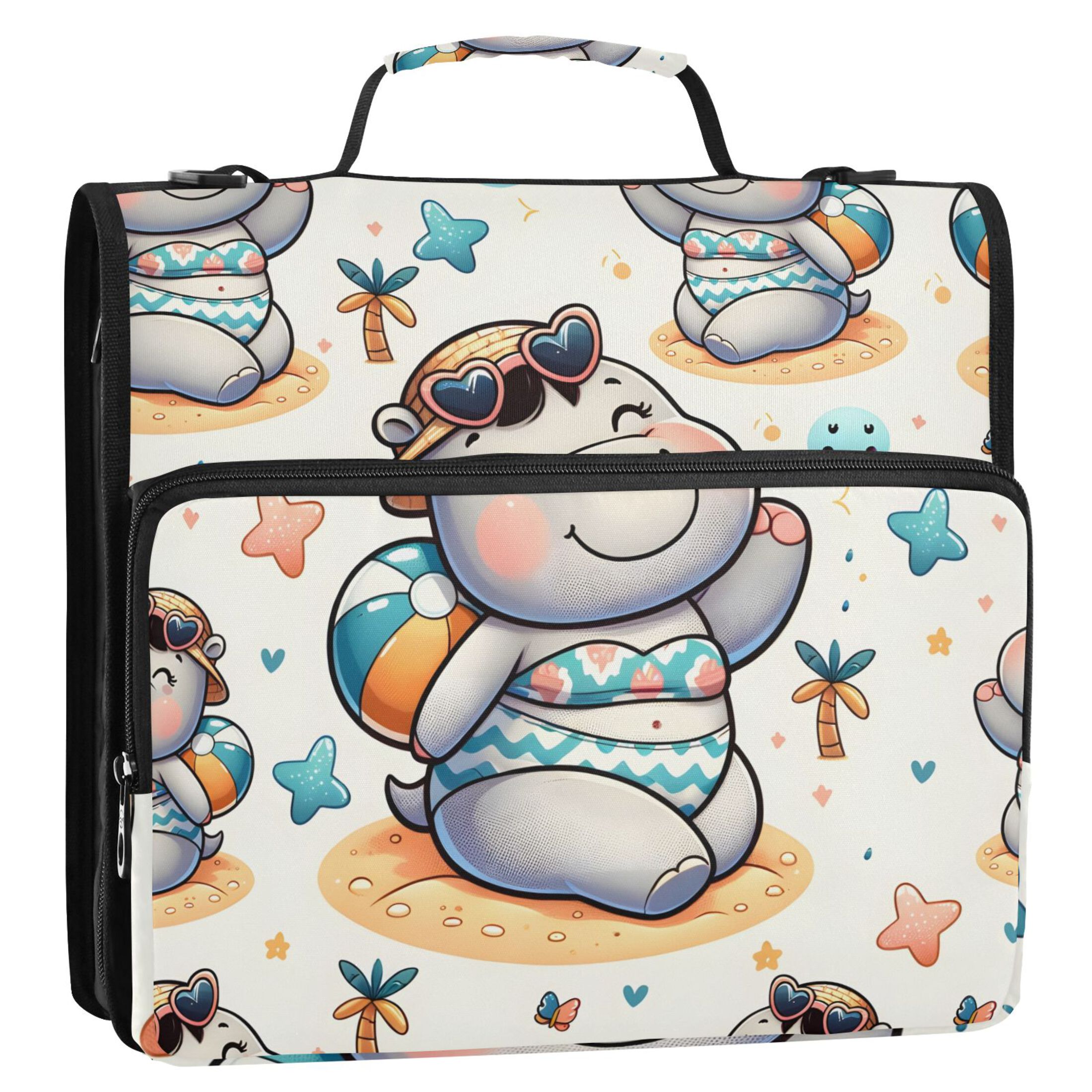 ALAZA Zipper Binder Cute Hippo on Beach 3 Ring Trapper Keeper File Folder Organizer Bag