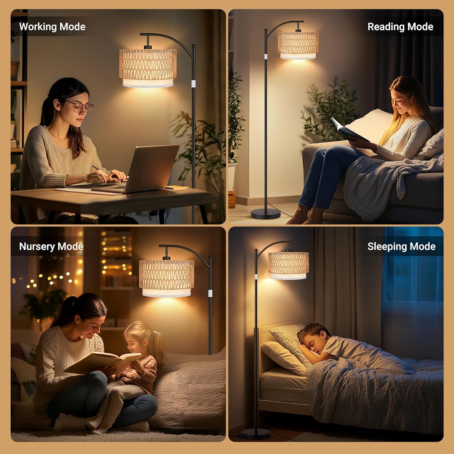 Boho Standing Lamps with Rattan& Linen Double Shades, Arc Lamps Floor Standing with 9W Bulb, Foot Switch, Rattan Floor Lamps for Living Room, Bedroom, Office-Drum