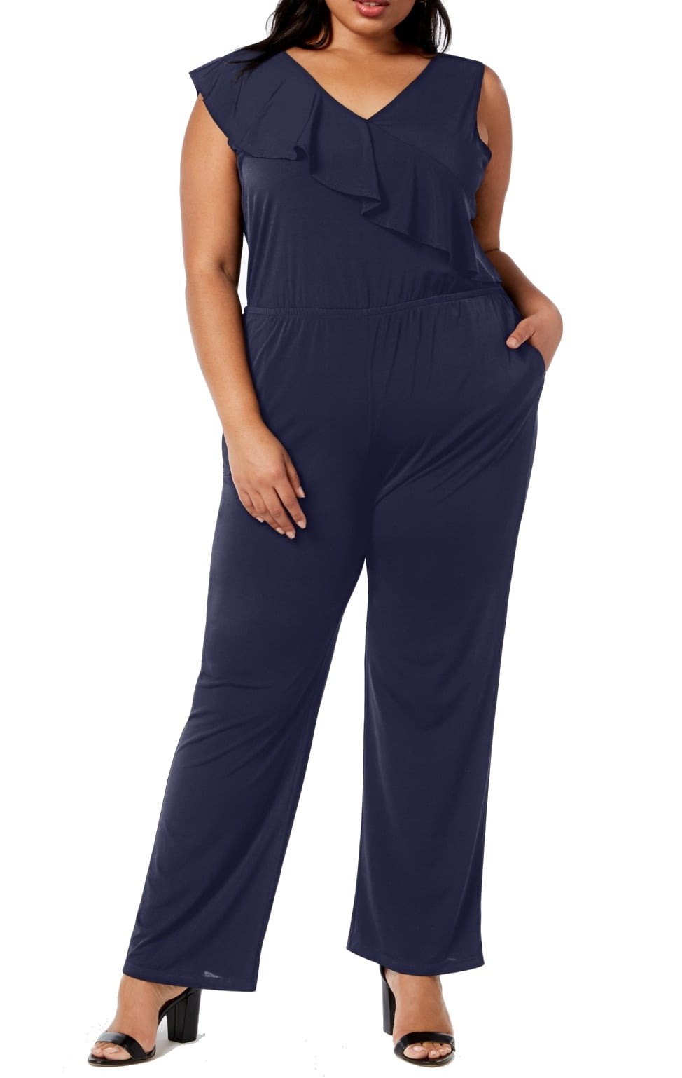 Womens Jumpsuit Navy Plus VNeck Ruffle 2X