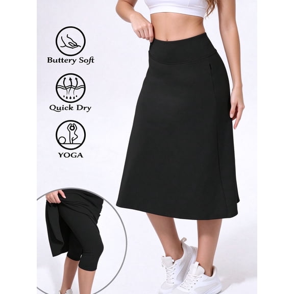 DENTOYOU Women's Midi Athletic Skort, High Waist Tennis Golf Skirt with Capri Shorts Pockets Outdoor Sports SkirtBlack XL