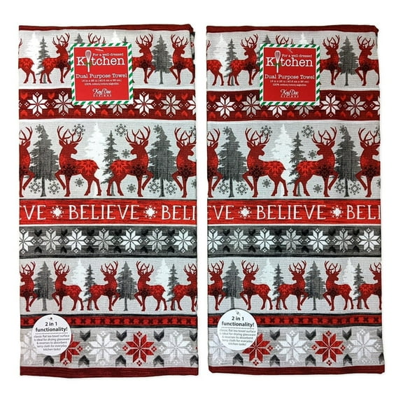 Set of 2 Snowed In BELIEVE Christmas Deer Terry Kitchen Towels, Kay Dee Designs