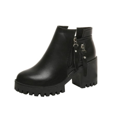 

Fesfesfes Women Boots Leisure Solid Round Toe Zipper Chunky Med Heels Short Boots Shoes 4.5(35)