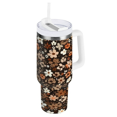 

40 Oz Car Handle Water Cup 10.8x3.85 Inch Stainless Steel Water Cup With Handle Water Cup Car Water Cup Travel Coffee Cup White Flowers and Brown Flowers