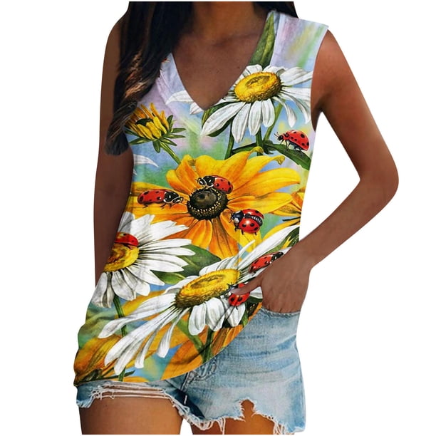 Camiseta holgada sin mangas con cuello redondo y estampado de flores informales de verano para mujer Pompotops lopia994522