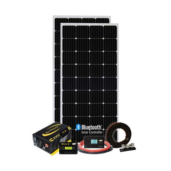 Go Power Kit Solaire Solaire ELITE; Système de Charge Solaire; Monocristallin; Montage à Vis; Contrôleur Numérique PWM 30 Ampères avec Télécommande Chargeur Bluetooth/inverseur; Onduleur à Onde Sinusoïdale Pure 2000 Watts