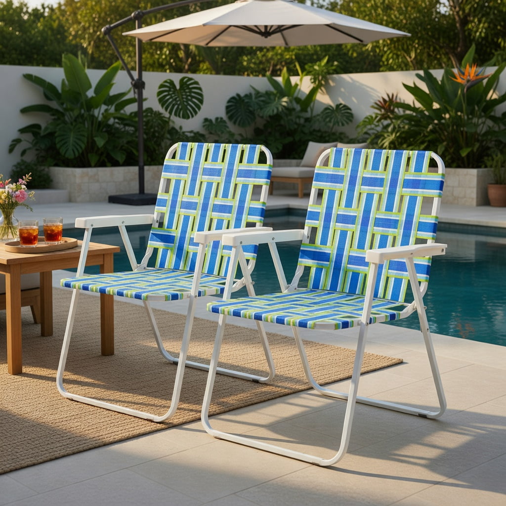 Hommoo 2-Pack Folding Beach Chairs for Camping & Lawn, Heavy-Duty Steel Frame, Fade-Resistant PE Webbing, Portable Lightweight Outdoor Chairs, Blue