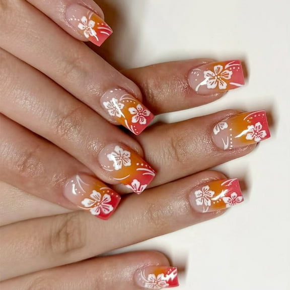 Square Press On Nail Flower Fake Nail Glues On Nail Artificial Acrylic Nail 24pcs Stick On Nail for Womens and Girls