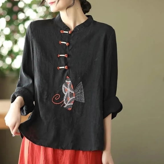 Embroidered Tops For Women Peasant Tops For Women Chinese Style Tops For Women Linen Clothing For Women Linen Tops Women Lightweight Linen Blouses For Women Linen T Shirts For Women Black L