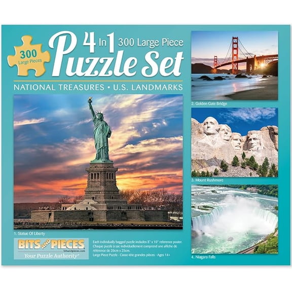 Bits and Pieces US Landmarks 4-in-1 Jigsaw Puzzle Set, Four 300-Piece Puzzles, 16" x 20"