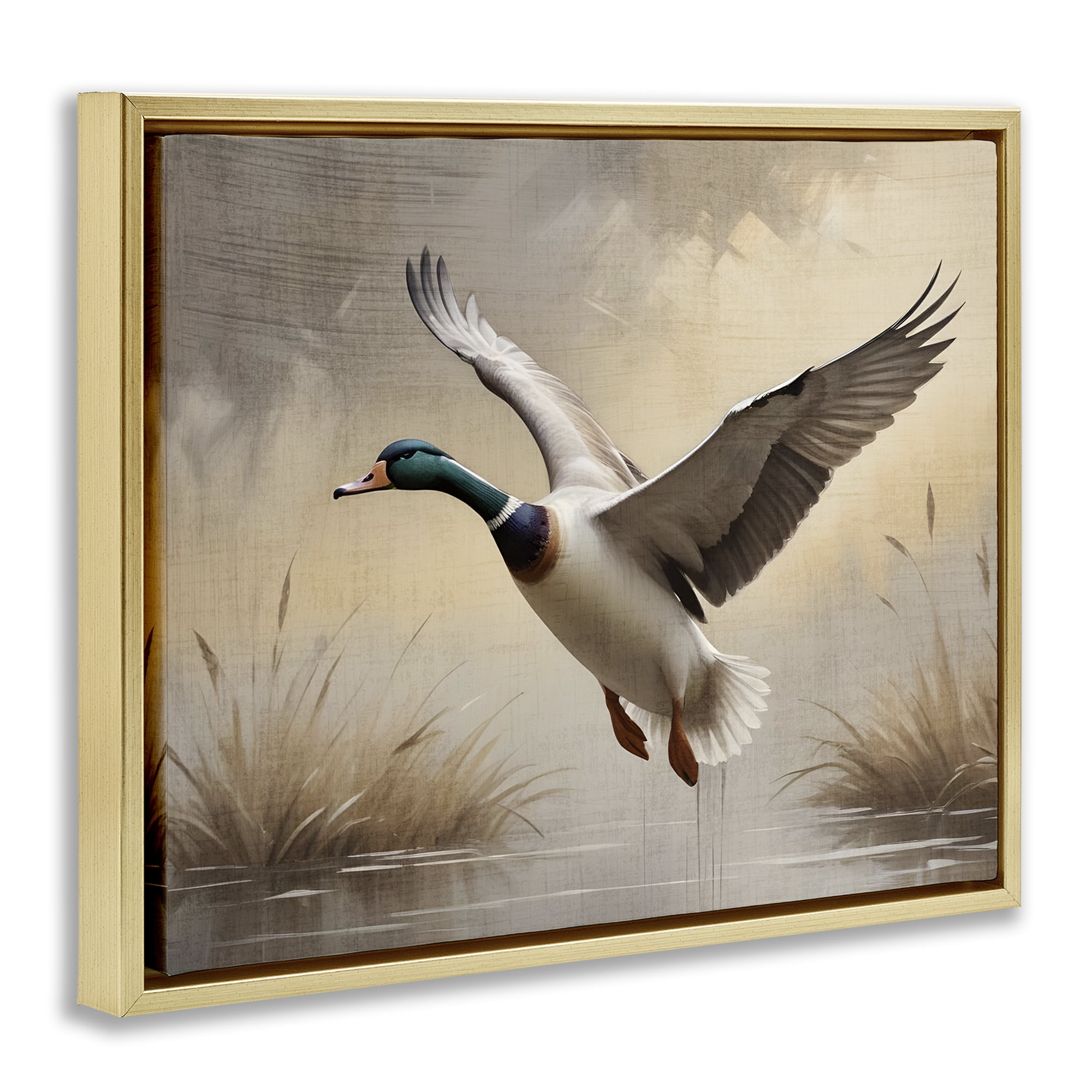 Stupell Industries Gliding Mallard over Wetlands Gold Framed Floater Canvas Wall Art, design by Susan Arnot