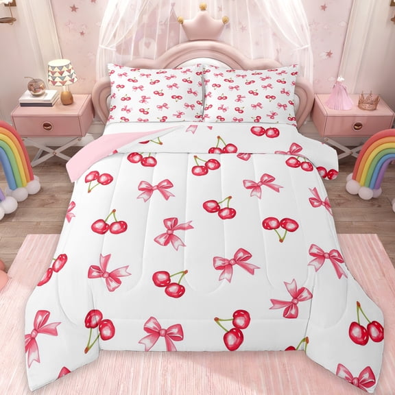 Manfei Lovely Bowtie Bedding Comforter Set,Girl Bow Knot Twin Comforter Sets,Pink Cherry Bedding Set For Girls,Microfiber Bedroom Decor Reversible,2-Piece