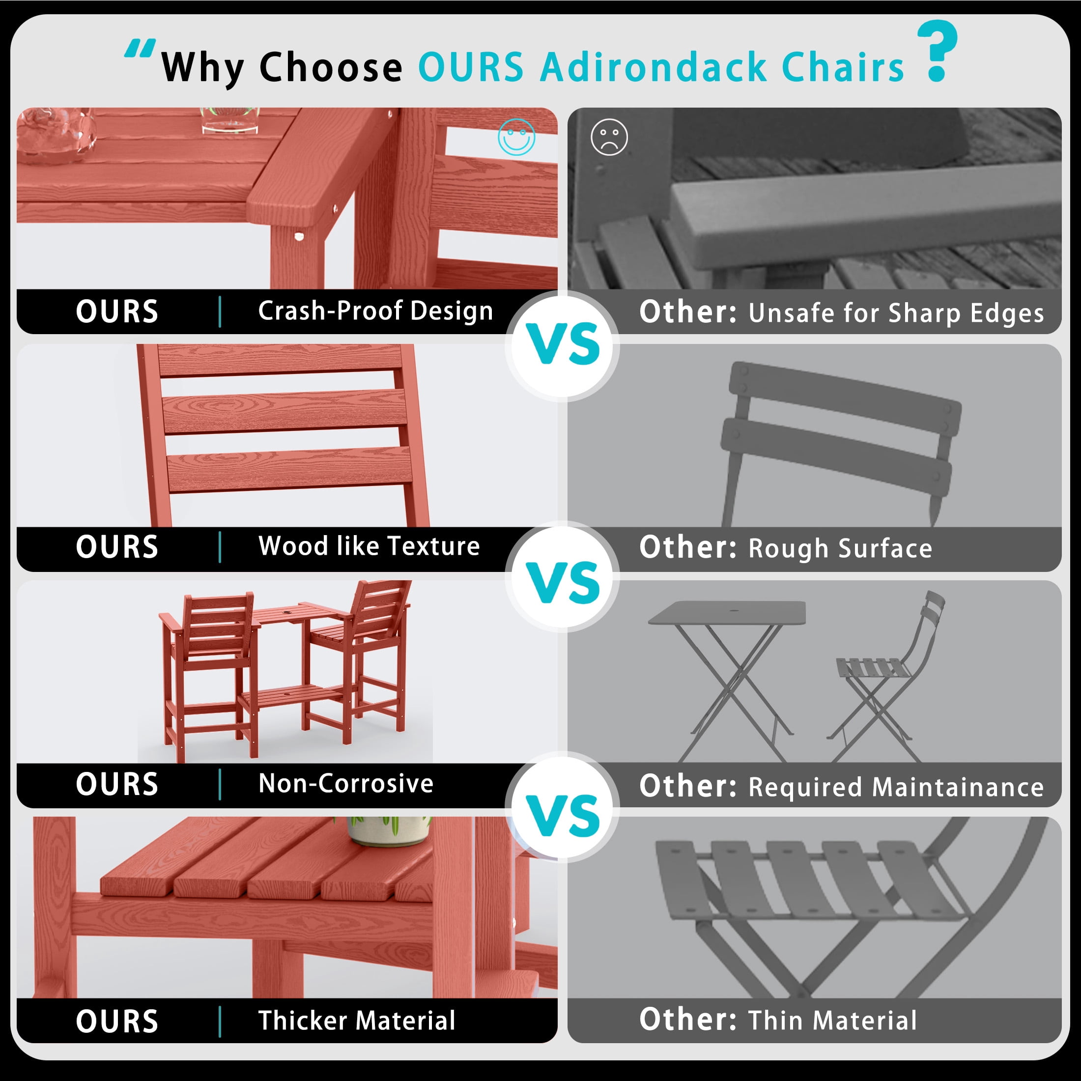 AreShark HDPE Tall Adirondack Chair Set with Removable Double Trays (Set of 2) Dark Red