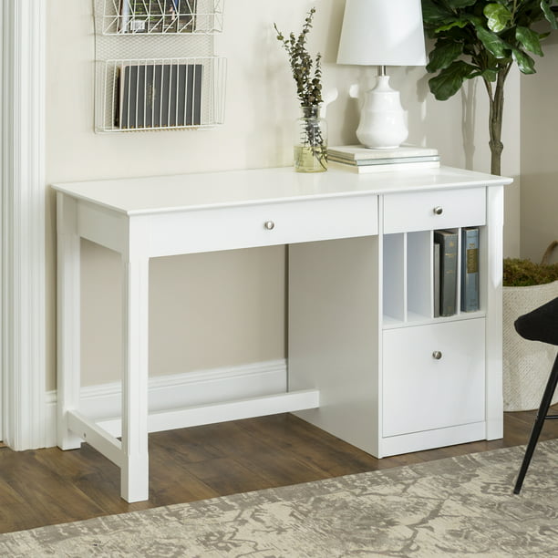 Modern White Wood Computer Desk With Keyboard Tray And Drawers By