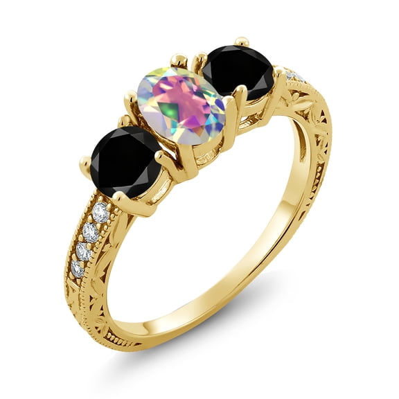 Gem Stone King 2.22 Ct Mercury Mist Mystic Topaz Black Diamond 18K Yellow Gold Plated Silver Moissanite Ring (Size 7)