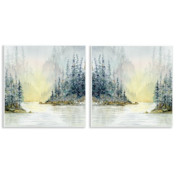 Stupell Industries Distant Deer Bear Pine Trees Landscape & Nature Painting Unframed Art Print Wall Art, 12 x 12, Set of 2