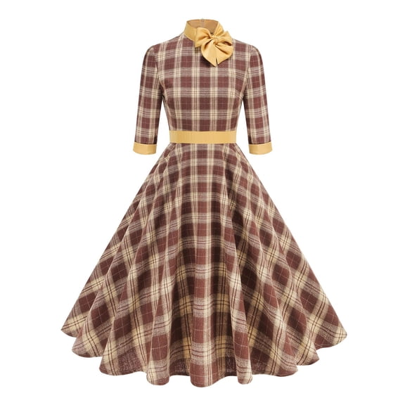 Adeawade Christmas Dresses For Women Plaid High Neck Dress Three Quarter Sleeve Xmas Bow Tie Waist A Line Skirt Fashion Outfits Coffee L