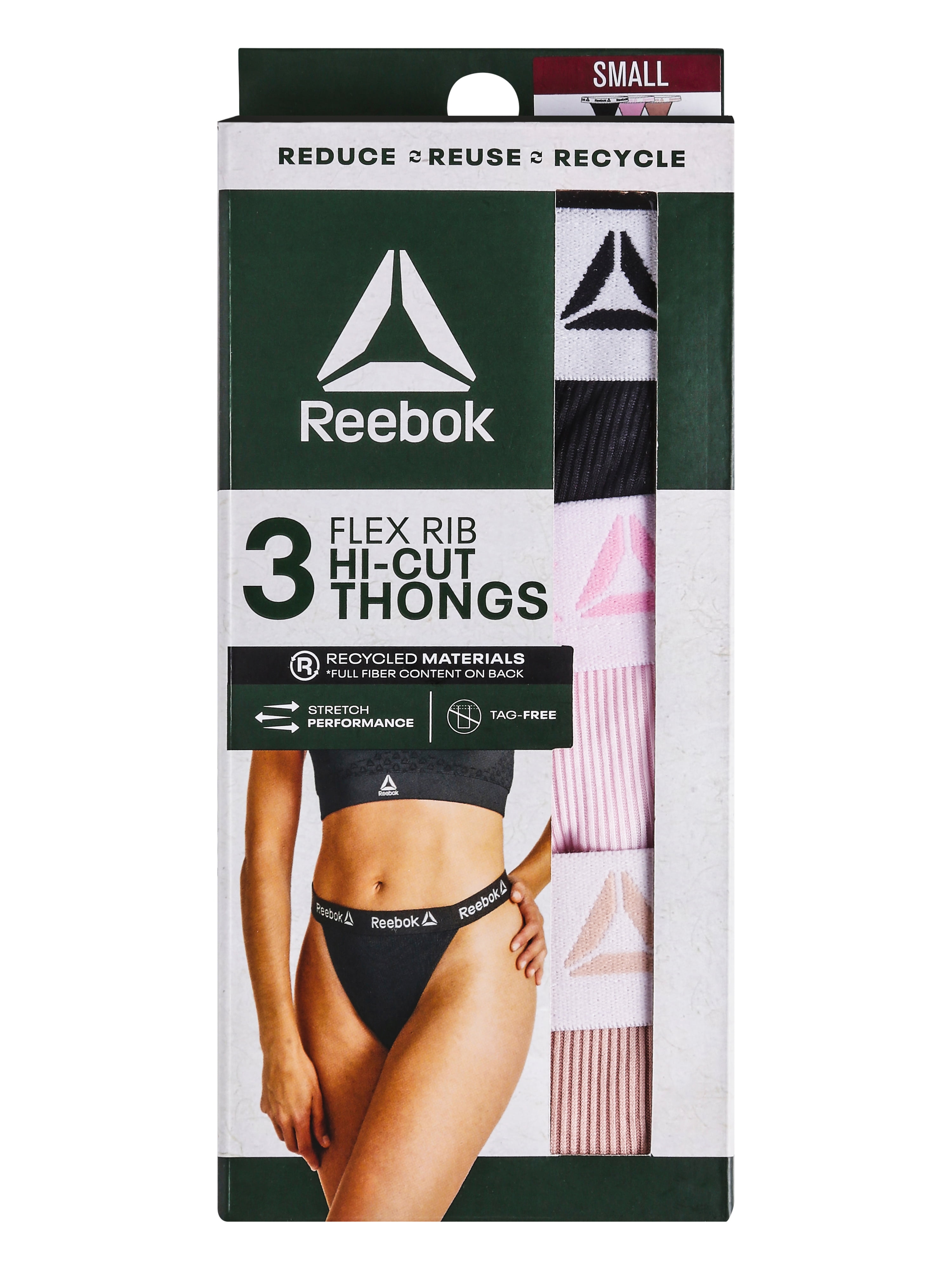 Reebok Women's Underwear Flex Rib Hi-Cut Thong Panties, 3-Pack, Sizes XS-3XL
