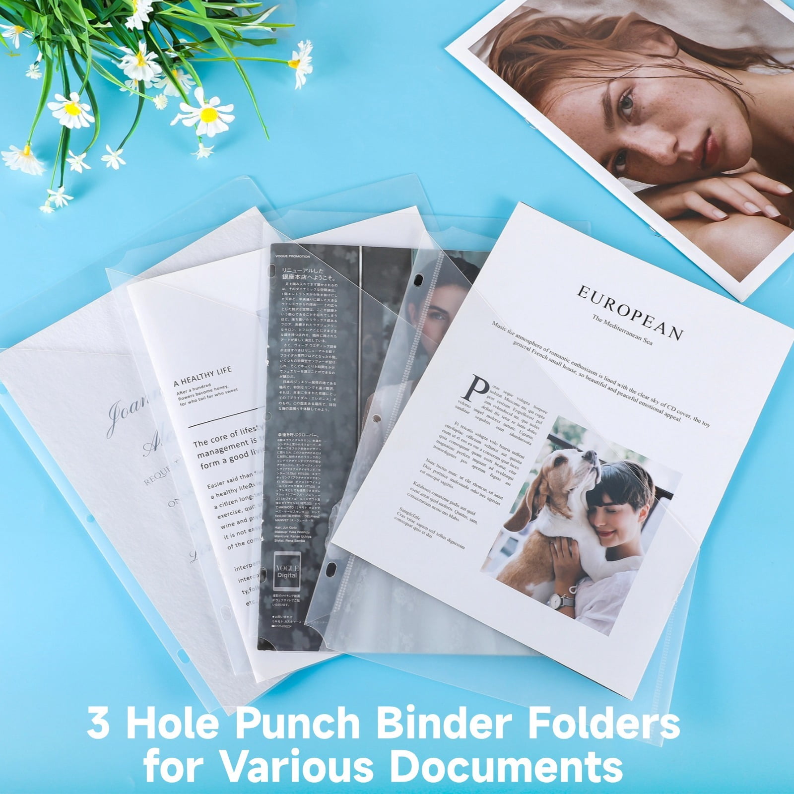 50 Pack Clear 3-Ring Binder Plastic Sleeves – Poly Translucent Punch Pockets, Slash File Jacket Organizers for Paper Documents, Letter Size, for Home, School & Office