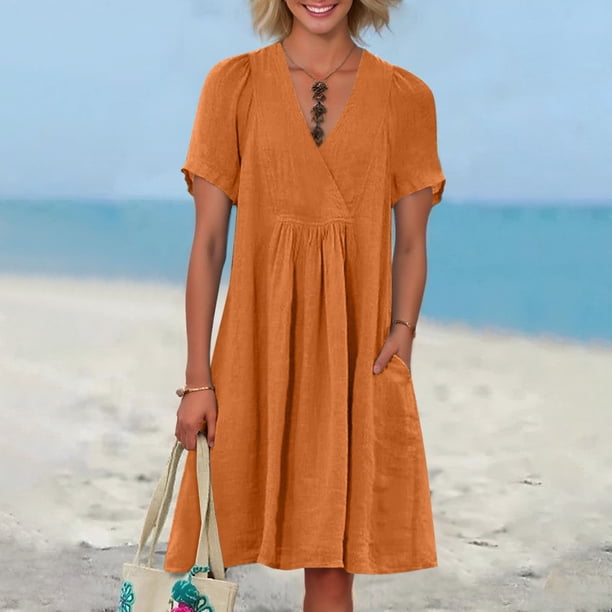 WILLBEST Vestidos De Mujer, Novedad De Verano, Vestido Plisado Informal Holgado A La Moda Retro Y De Lino Con Manga Corta Y Cuello En V
