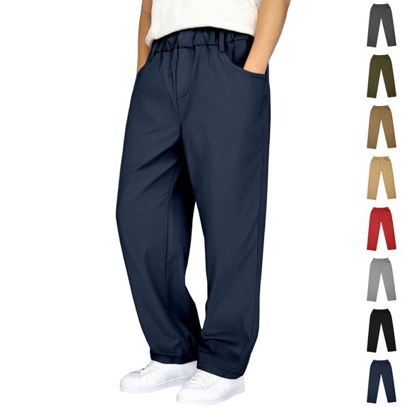 Kids Uniform Pants Elastic Waist Straight Leg Loose Fit Navy School Pants School Clothes Size 7-16 Years