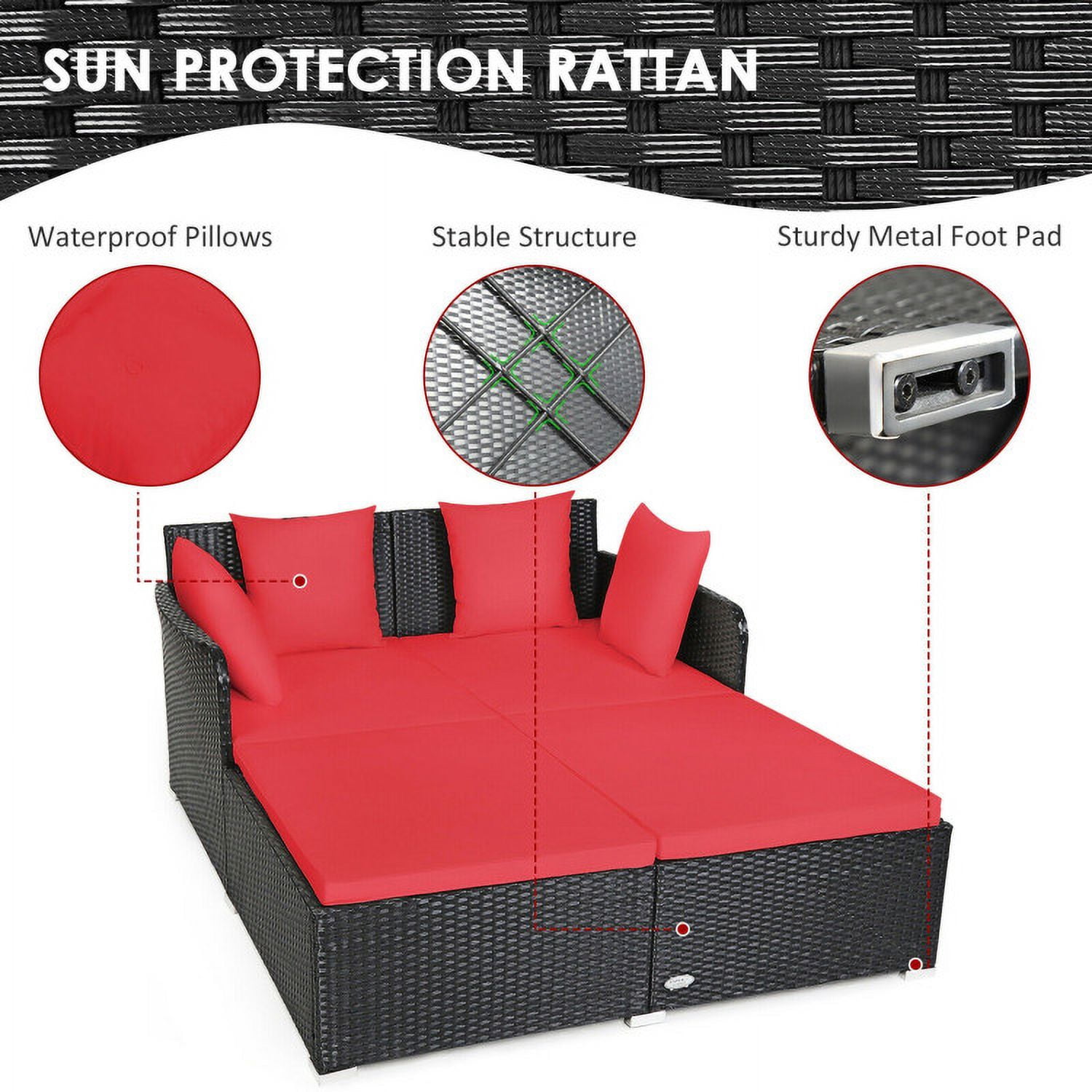 Aimee Lii Spacious Outdoor Rattan Daybed with Upholstered Cushions and Pillows, Outdoor Deck Furniture, Red Aimee Lii Spacious Outdoor Rattan Daybed with Upholstered Cushions and Pillows, Outdoor Deck Furniture, Red