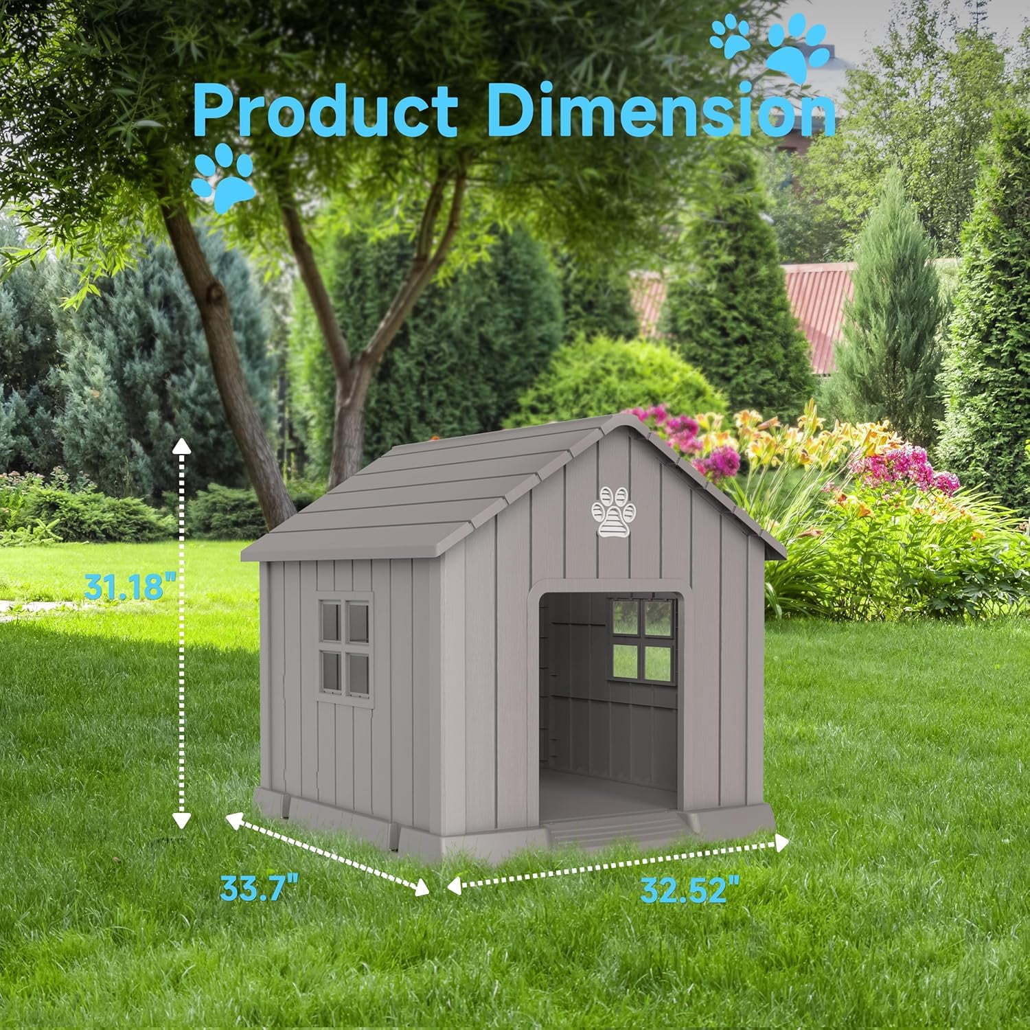 31" Dog House Kennel Indoor Outdoor,Peaked Deck Doghouse,Keep Your Dog Dry & Cozy(Grey 31.18 * 33.7 * 32.52inch)