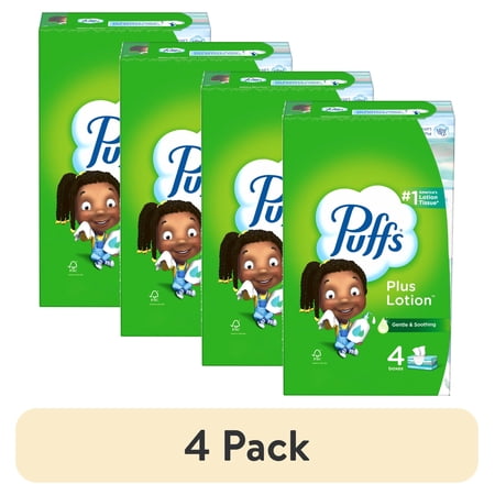 (4 pack) Puffs Plus Lotion Facial Tissues, 4 Family Boxes, 124 tissues per box
