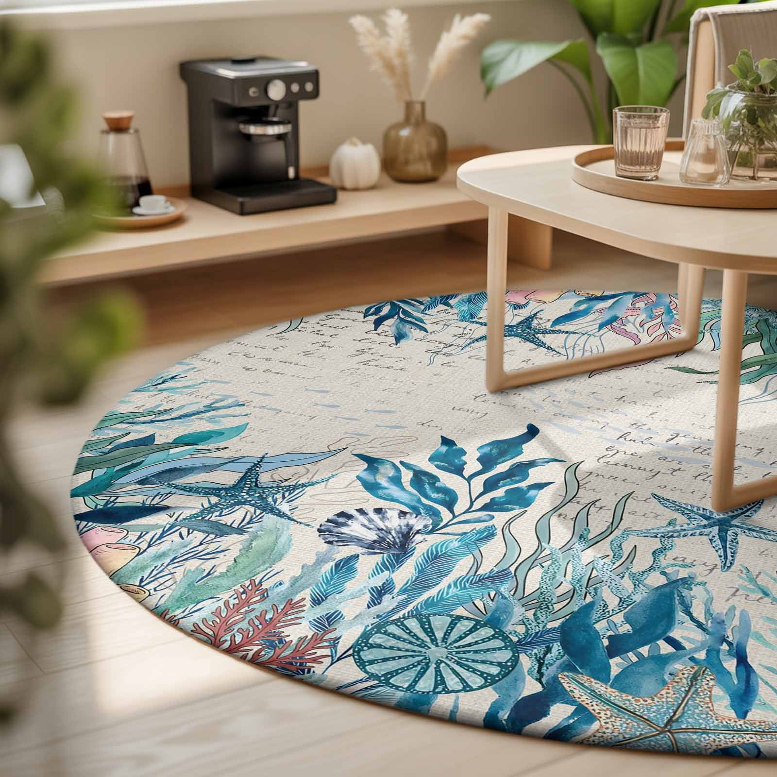 Small Round Rug 3Ft, Coastal Green Seaweed Non-Slip Washable Circle Rugs Carpet, Summer Beach Coral Starfish Rustic Indoor Outdoor Rug Floor Mats Throw Runner for Bedroom Living Room Bathroom