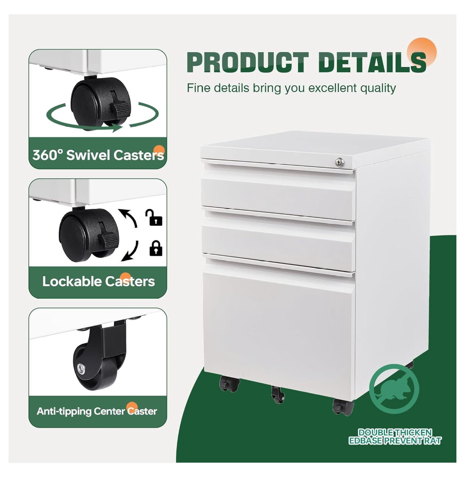 WDZS 3 Drawer Mobile File Cabinet with Lock, Under Desk Metal Filing Cabinets for Home Office Organizer Letters/Legal/A4(Fully Assembled-White)