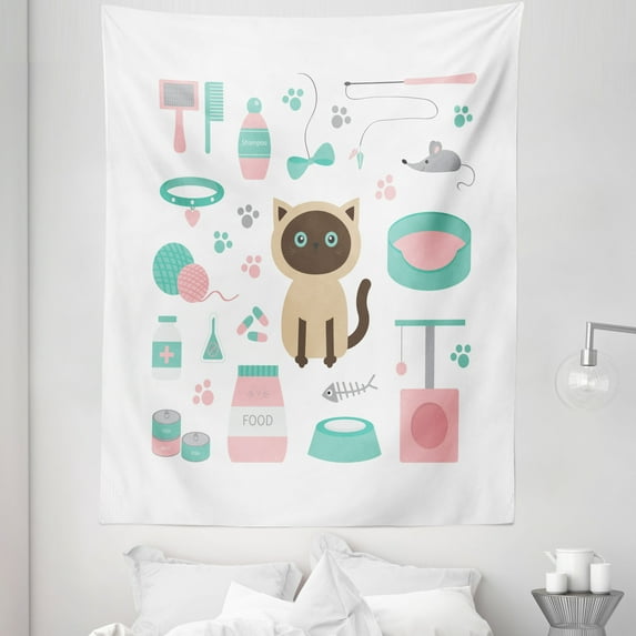 Kitten Tapestry, Cartoon Style Surprised Looking Siamese Among Pastel Colored Cat Related Items, Fabric Wall Hanging Decor for Bedroom Living Room Dorm, 5 Sizes, Multicolor, by Ambesonne