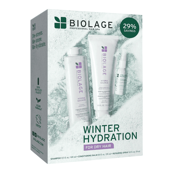 Biolage Hydra Source Holiday Trio Kit | Winter Hydration For Dry Hair | Shampoo, Conditioner & Repairing Spray
