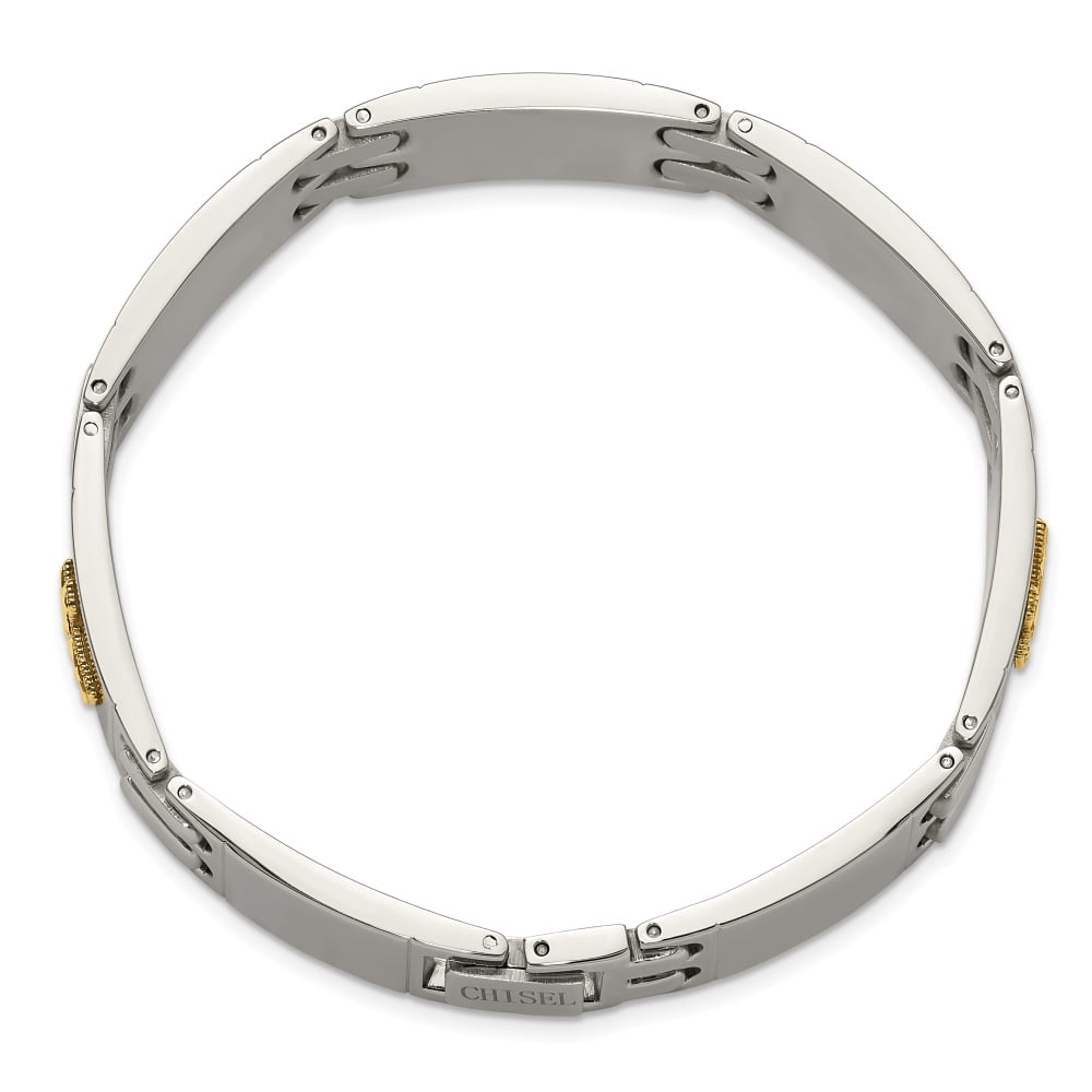 Diamond2Deal Stainless Steel Polished with Diamond-Cut 14K Gold Accent Cross Link Bracelet for Men 8"