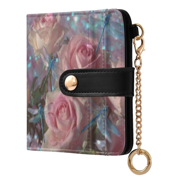 Qxltty Pink Rose Dragonfly Ladies Wallet Rfid Slim Thin Compact Credit Card Women Wallet Zipper Coin Pocket and ID Window for Female Gifts