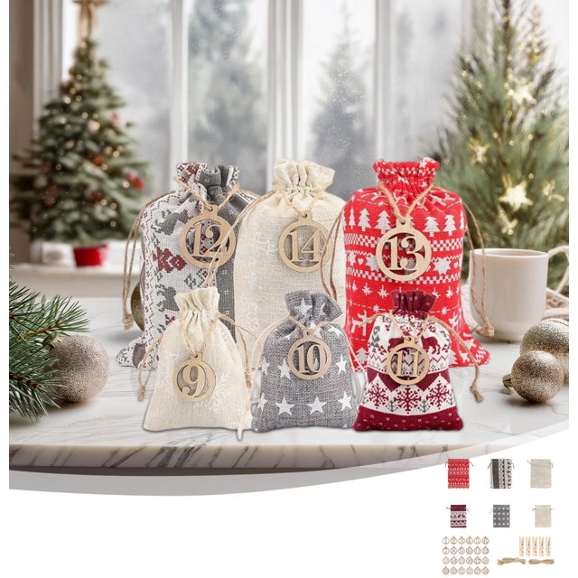 Bolsas para calendario de adviento navideño, bolsas de regalo con cuenta regresiva de 24 días, tela de arpillera, patrón de árbol de estrellas y copos de nieve, bolsas tipo sobre, bolsas con cordón, p