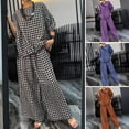 thumbnail image 2 of 2 Pcs/Set Women Spring Top Pants Set Plaid Print Three-quarter Sleeves Round Neck Split Back T-shirt Wide Leg Elastic Waist Loose Trousers Casual Daily Wear Outfit, 2 of 8