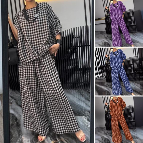 2 Pcs/Set Women Spring Top Pants Set Plaid Print Three-quarter Sleeves Round Neck Split Back T-shirt Wide Leg Elastic Waist Loose Trousers Casual Daily Wear Outfit