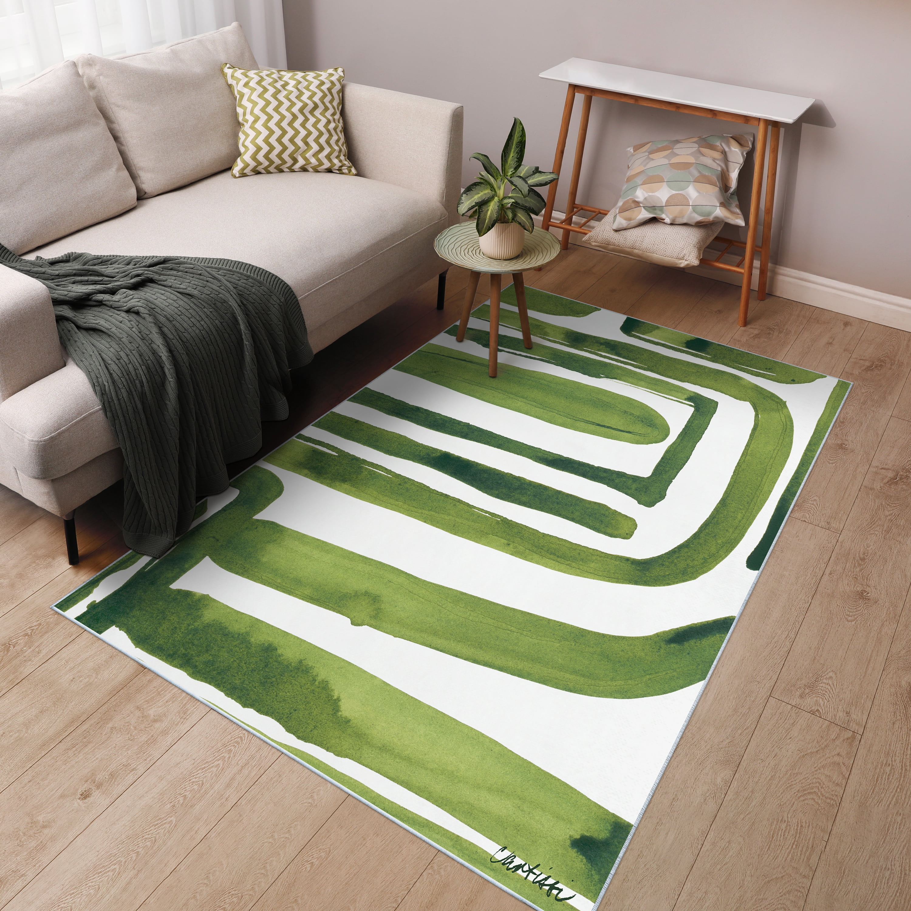 Green Labyrinth II Washable Abstract Art Area Rug size 5'x8'