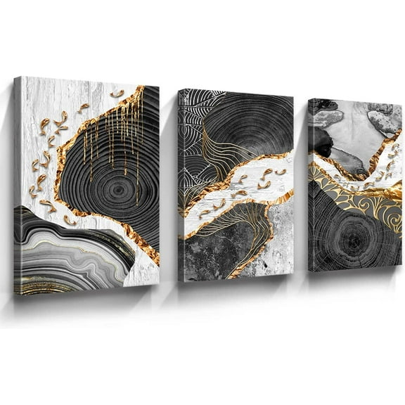 Abstract Painting Canvas Wall Decor Marble Texture Tree Ring Black And White Grey With Gold Themed Bathroom Wall Art Painting Living Room Bedroom Office Abstract Art Wall Decor Frame 12"x16"x3 Panels
