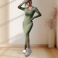 thumbnail image 4 of BAETEUY Women Spring Fall Dress V Neck Slit Hem Thread Slim Fit Long Sleeves Ankle Length Knitted Elastic Maxi Dress Shopping Dating Party Dress, 4 of 8