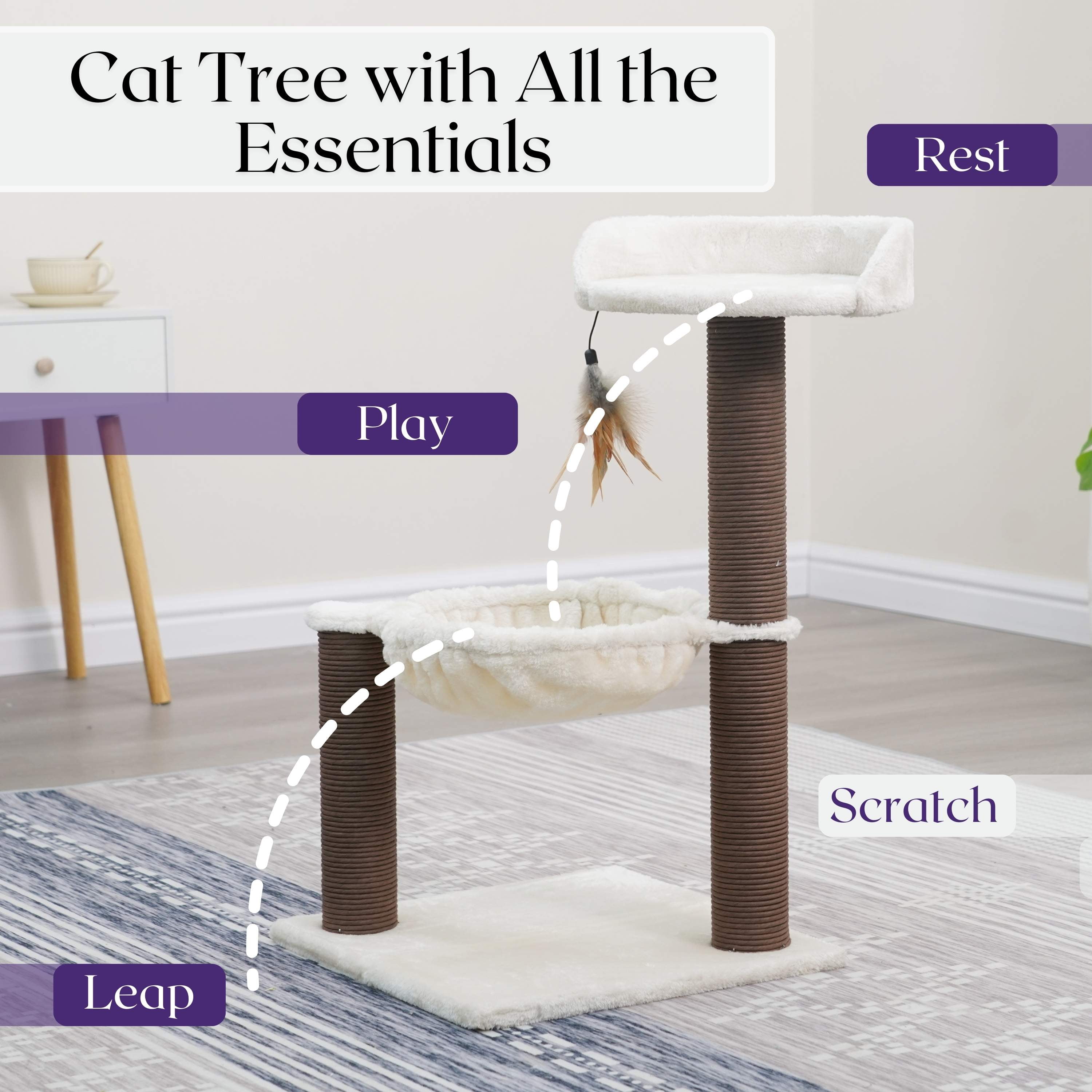 Catry 3-Level Cat Tree with Sisal Hammock, Plush Perch, Scratching Posts, Modern Design, Beige