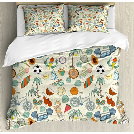Sport Duvet Cover Set Sports Themed Abstract Cartoon Style Icons