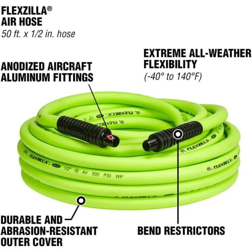 Flexzilla HFZ1250YW3 Air Hose, 1/2" x 50', 3/8" MNPT Fittings, Heavy Duty