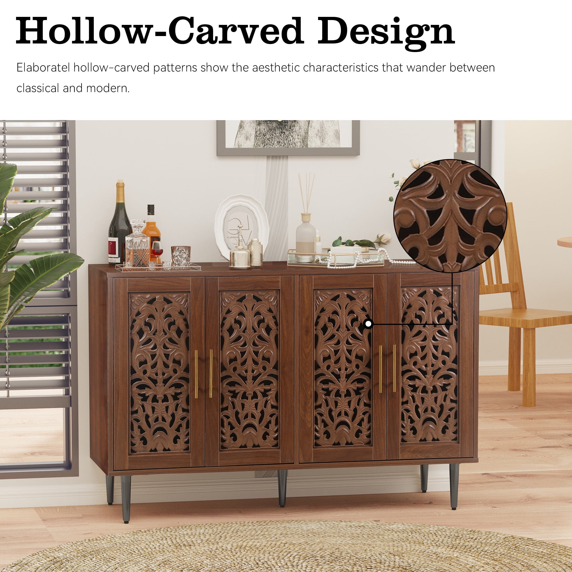 HLR 48 Accent Cabinet 4 Doors Vintage Hollow Carving Storage Credenza Sideboards Buffets Cabinet Living Room Kitchen Dining Room Entryway Brown