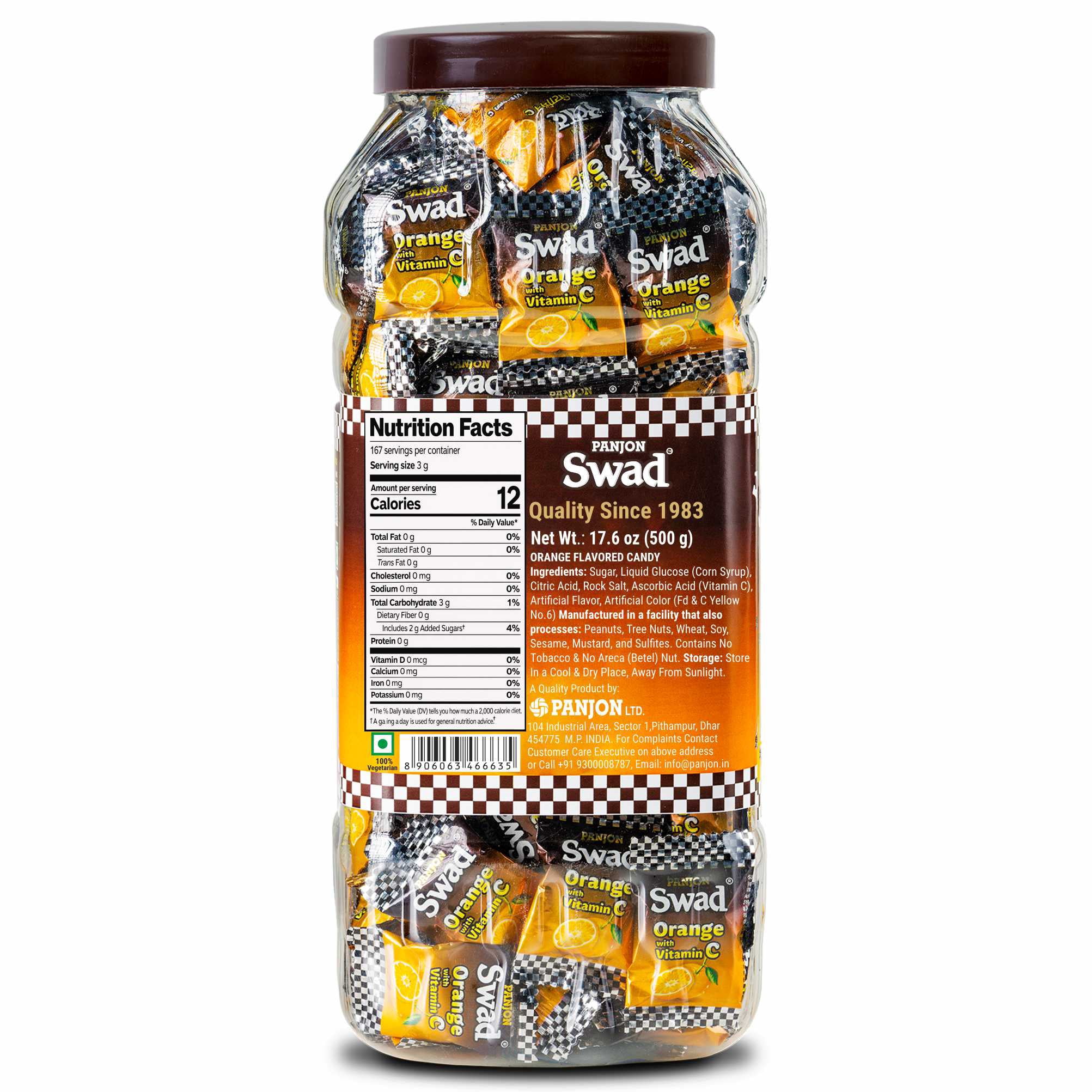 Panjon Swad Orange Vitamin C Candy 500g Jar – Sweet & Tangy Orange Flavor Hard Candy | Refreshing Citrus Treat