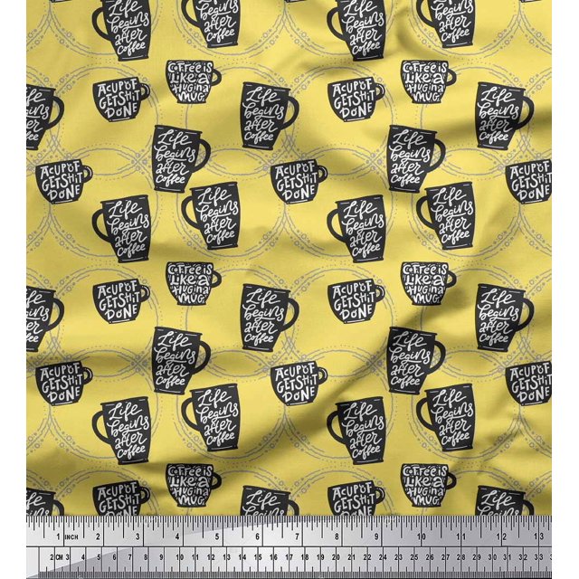 Soimoi Yellow Poly Georgette Fabric Life Begins After Coffee Text Printed Fabric 1 Yard 52 Inch Wide