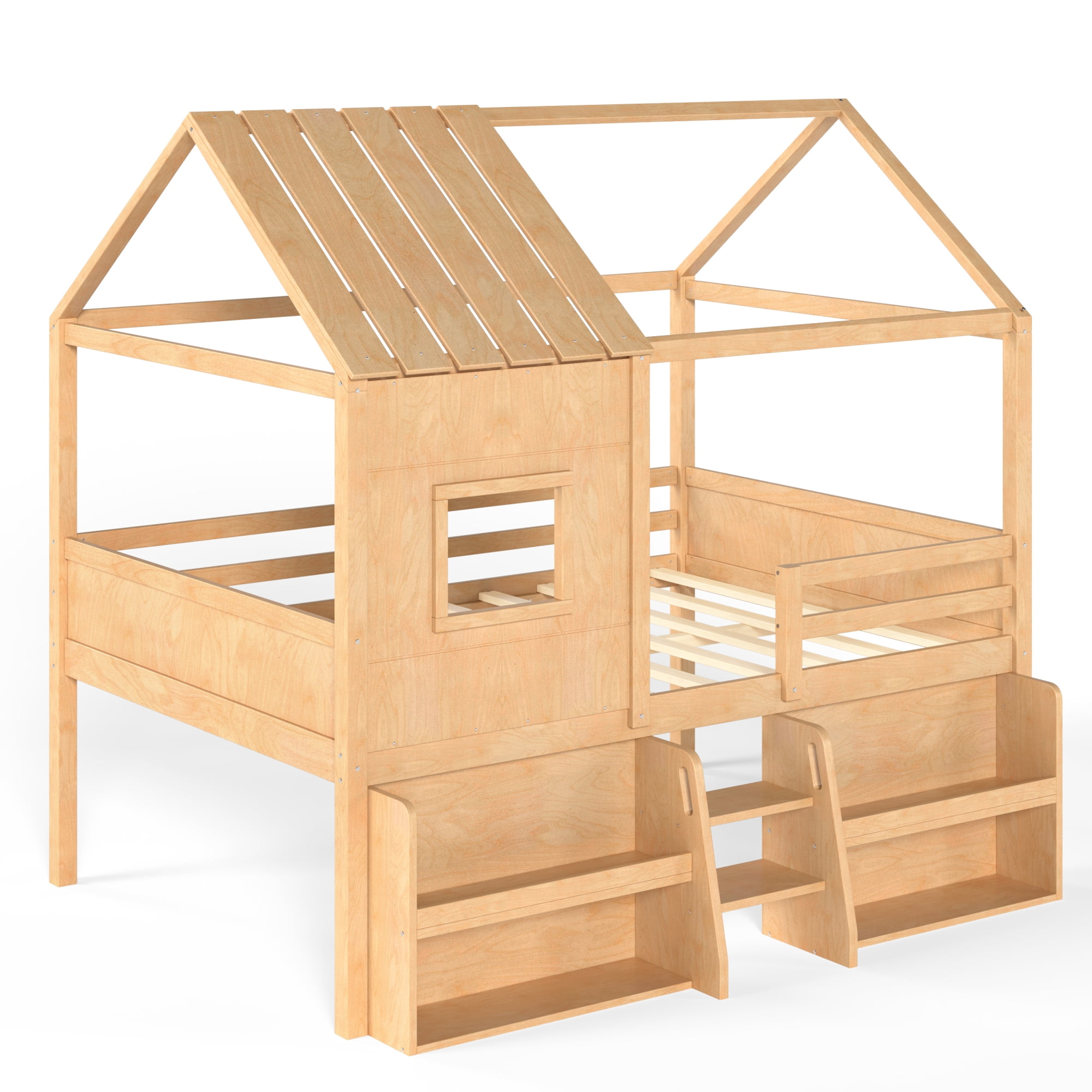 Leumius Full Size Loft Bed with Storage Shelves and Stairs, House Loft Bed with Playhouse Shape Roof and Window, Childlike and No Box Spring Needed Design, Natural