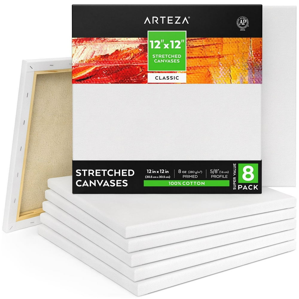 Arteza Stretched Canvas, Classic, 12" x 12", 8 Pack