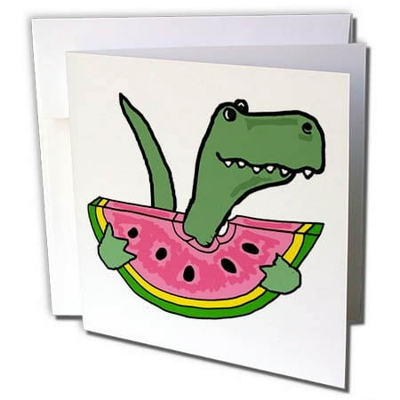 3dRose, Funny Cute Trex Dinosaur Eating Watermelon, 6 Greeting Cards with envelopes